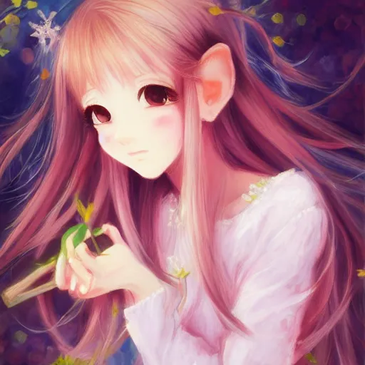 Prompt: oil painting of a beautiful pretty pure kawaii cute lovely innocent elegant hot nice sweet girly feminine long hair anime ELF waifu sister girl Trending on Pixiv