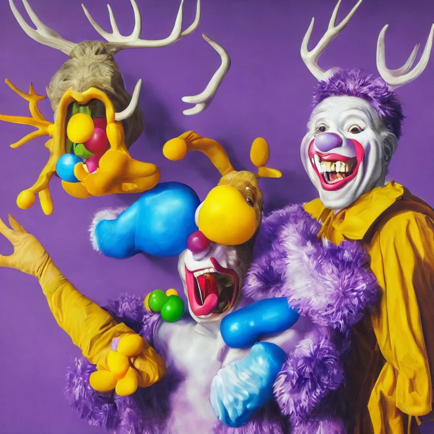 Image similar to rare hyper realistic portrait painting by raden wijaya, studio lighting, brightly lit purple room, a blue rubber ducky with antlers laughing at a giant laughing rabbit with a clown mask