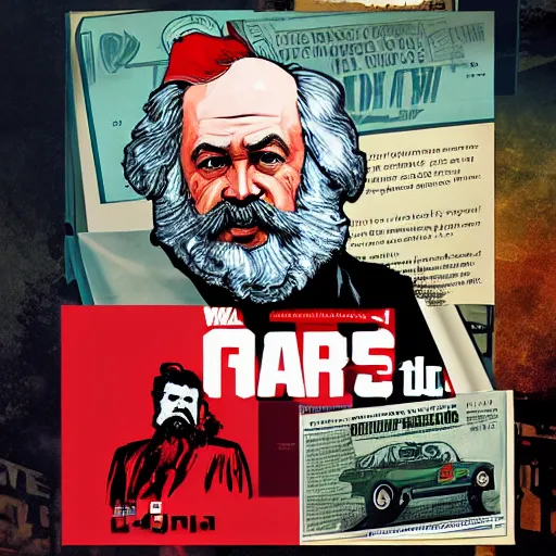 Image similar to Karl Marx in GTA V, Cover art by Stephen Bliss, boxart, loading screen