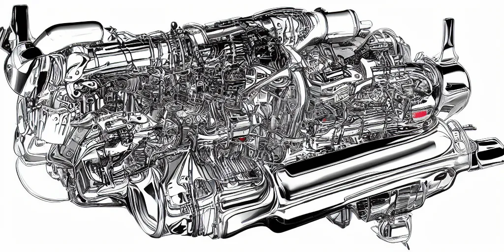 Prompt: f1 engine cutaway illustration highly detailed by jean giraud moebius engineering black and white chrome