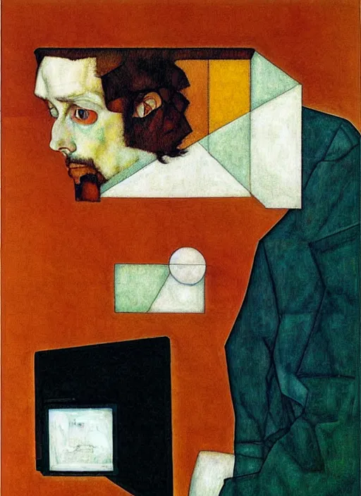 Image similar to modern creative coder with a computer in geometric harmony, by egon schiele and quint buchholz, portrait, colorful, escher++, detail