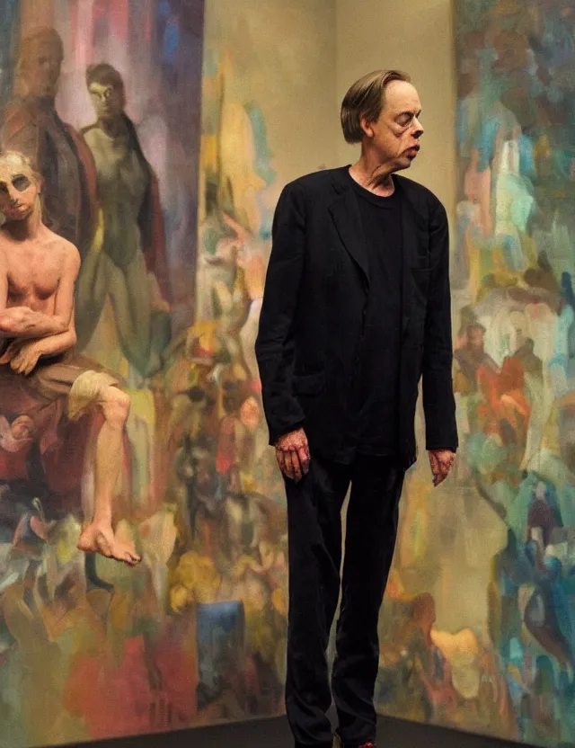 Prompt: steve buscemi in a modern museum. gouache fairytale art, russian romanticism, muted palette, backlighting, depth of field