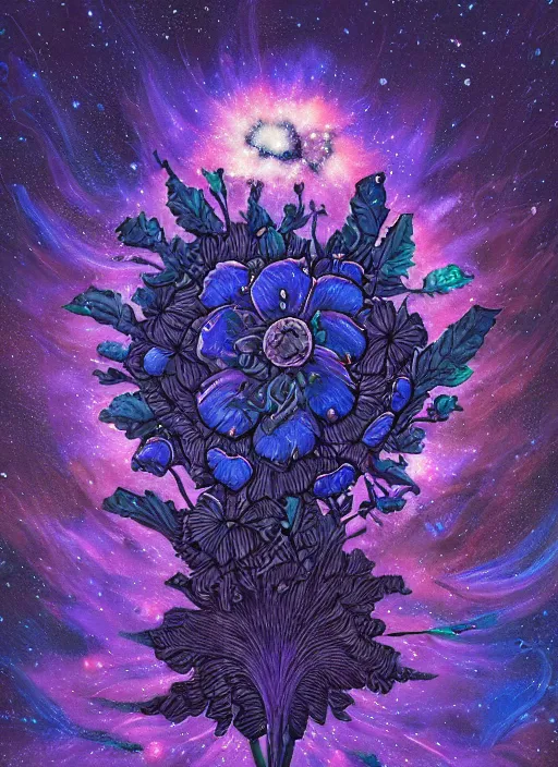 Image similar to detailed, intricate blue black and purple papaverum flower on the field, nebula, galaxy in the sky, winning award masterpiece, fantastically beautiful, illustration, aestheticly inspired dan mumford, upscale with anguissola sofonisba work, artstation, 8 k