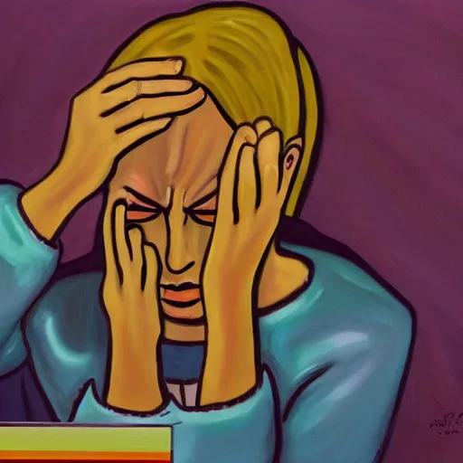 Image similar to a painting of an extremely concerned artist crying in front of a computer