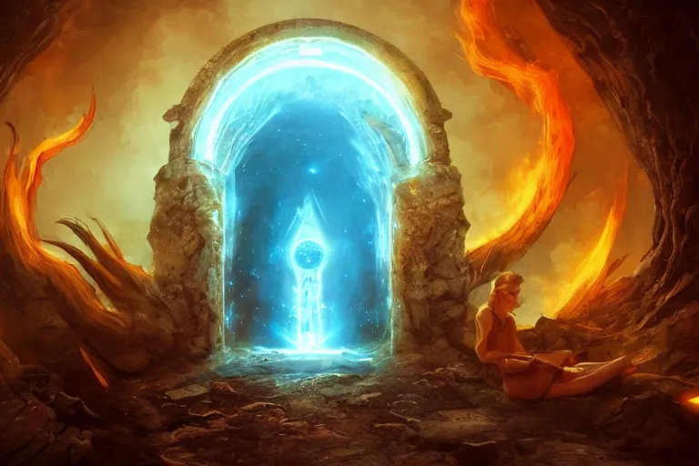 Image similar to A Portal to the Lost Flame Realm, fantasy, digital art, professional illustration, realistic, ultra detailed, atmospheric, cinematic lighting