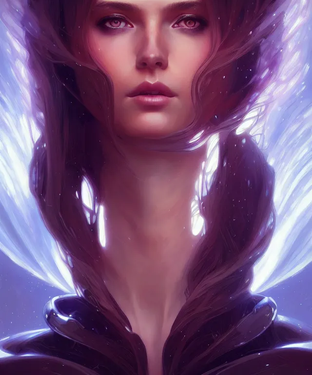 Image similar to futuristic young woman portrait, sci-fi, amber eyes, face, long hair, fantasy, intricate, elegant, highly detailed, digital painting, artstation, concept art, smooth, sharp focus, illustration, art by artgerm and greg rutkowski and alphonse mucha