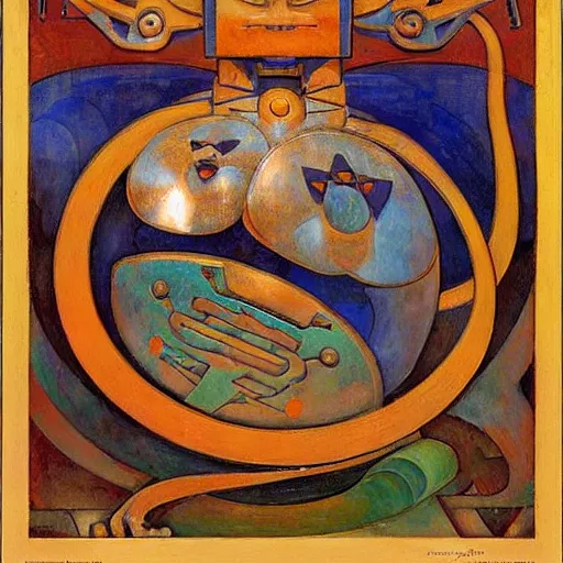 Image similar to mechanical robot cat, by annie swynnerton and diego rivera and nicholas roerich, symbolist, dramatic lighting, elaborate geometric ornament, art brut, soft cool colors, smooth, sharp focus, extremely detailed, adolf wolfli and ( donato giancola )