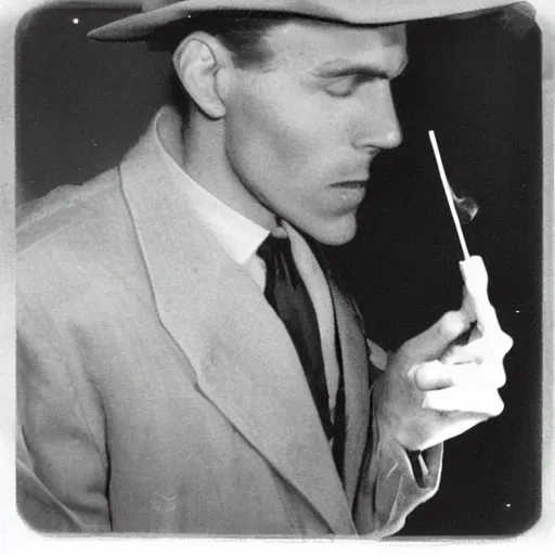 Prompt: portrait of jerma 9 8 5 as a private investigator, noir style, 1 9 4 0's, film photograph, high detail, smoking a cigarette, grainy