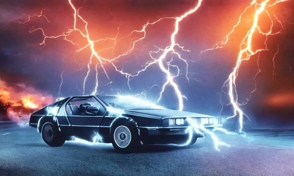 Image similar to scene from back to the future, delorean driving fast, lightning, fire, driving through portal, motion blur