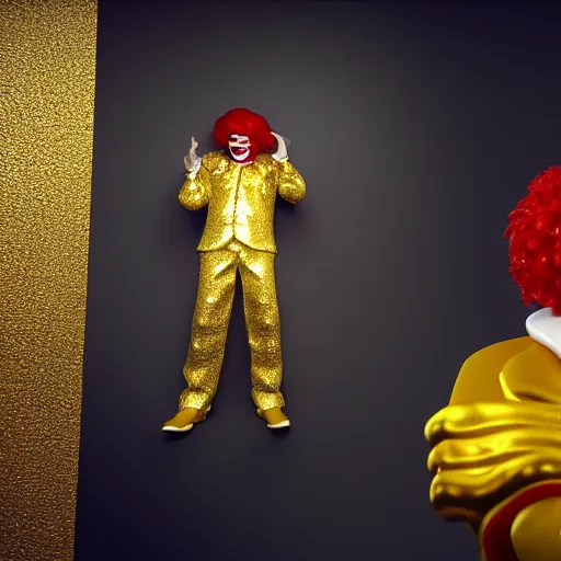 Image similar to a still of ronald mcdonald surrounded by gold and diamonds, award - winning, photograph, 3 d render, unreal engine, 4 k detailed