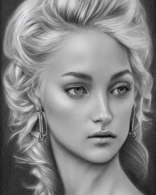 Image similar to pencil drawing of a beautiful greek goddess aphrodite with arrowhead earrings, beautiful piercing eyes, beautiful blonde hair, hyper realistic face, in the style of greg rutkowski, fantasy, amazing detail, epic, elegant, smooth, sharp focus, from the front