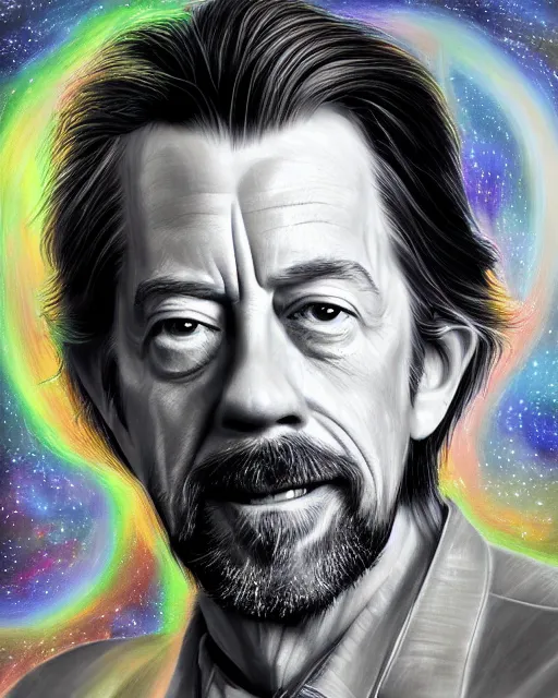 Prompt: alan watts floating in the universe portrait painting highly detailed procreate, featured on artstation