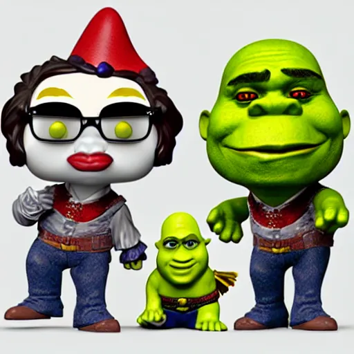 Image similar to 3D render vinyl Funko Pop Shrek figures with clown makeup, realism, 8K, RTX