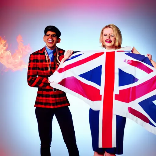 Prompt: rishi sunak and liz truss laughing, wearing union jack clothes, they are both on fire, studio photograph, dramatic llghting