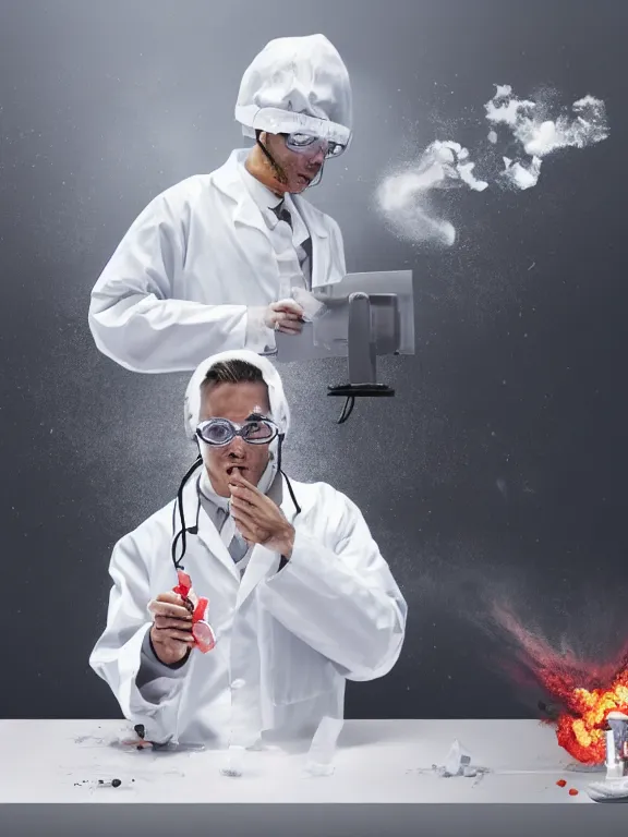 Image similar to scientist in a white coat, chemicals explosion on a white table in front of the scientist, digital art, digital painting, masterpiece, anatomically correct, five fingers, cinematic, high coherence, realistic, high quality, highly detailed, 8 k, dramatic lighting, path traced, centered, high definition