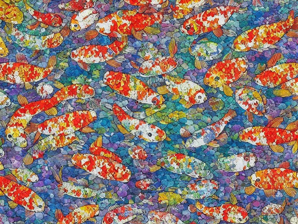 Prompt: breathtaking detailed concept art painting kaleidoscope of koi carp collage illustration pattern, 1 5 0 mm, tiny, small, miniature, short, cute and adorable, digital painting, highly detailed, intricate, elegant, artstation, concept art, colorful, beautiful, studio ghibli, aoshima chiho, takashi murakami, manga, cute and adorable