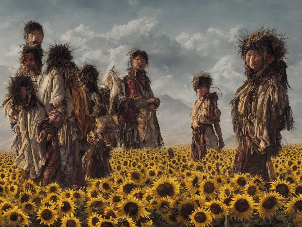 Image similar to a portrait of the mighty sunflower people, a nomadic mongolian tribe that follows the sun in a vast barren valley full of withered helianthus, and build huts using dry roots, by Greg Rutkowski, Sung Choi, Mitchell Mohrhauser, Maciej Kuciara, Johnson Ting, Maxim Verehin, Peter Konig, Bloodborne, macro lens, 35mm, 8k photorealistic, cinematic lighting, HD, high details, atmospheric