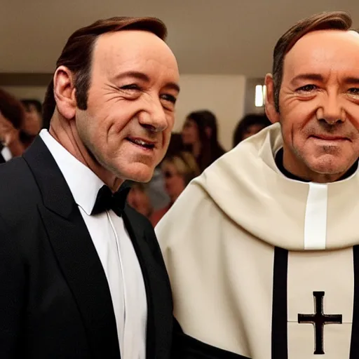 Prompt: kevin spacey dressed up as a catholic priest, giving out communion to people