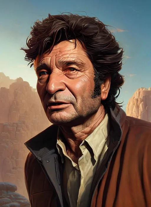 Image similar to highly detailed portrait of peter falk as han solo, unreal engine, fantasy art by by simon bisley, loish, rhads, ferdinand knab, makoto shinkai and lois van baarle, ilya kuvshinov, rossdraws, tom bagshaw, global illumination, radiant light, detailed and intricate environment