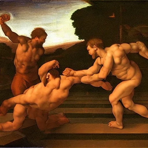 Image similar to two men are fighting on a deck at night, a screenshot by michelangelo, featured on reddit, temporary art, renaissance painting, demonic photograph, ultra realistic