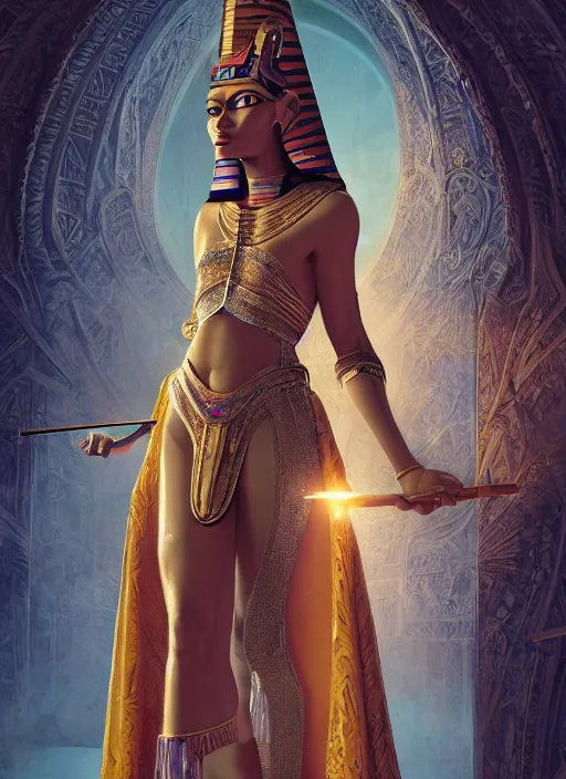 Image similar to an anthropomorphic beautiful female wizard of pharaoh holding magic wand portrait wearing robe, fine art, award winning, intricate, elegant, sharp focus, octane render, hyperrealistic, cinematic lighting, highly detailed, digital painting, 8 k concept art, art by jamie hewlett and z. w. gu, masterpiece, trending on artstation, 8 k