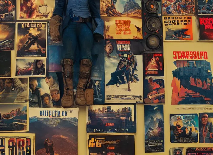 Image similar to a very high resolution image from a new movie, starlord. in a room full of posters and vinyls. mountains, directed by wes anderson