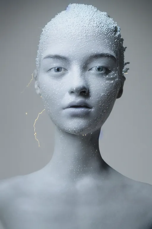 Image similar to full head and shoulders, beautiful porcelain female person, large electrical gold sparks, glowing lightening, delicate facial features, white detailed eyes, white lashes, on black background, by daniel arsham and james jean