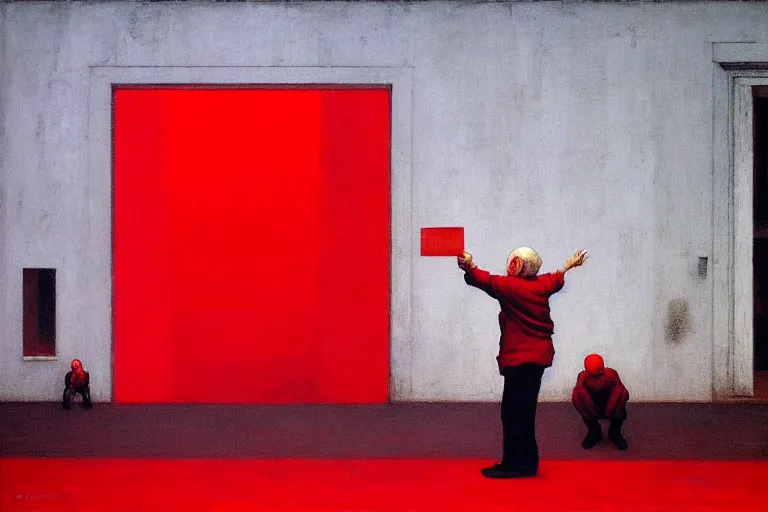 Prompt: only with red, a red old man try to sell a portrait, a crowd cheering, in a city square, in the style of beksinski, parts by edward hopper, parts by rodcenko, parts by yue minjun, intricate and epic composition, red by caravaggio, insanely quality, highly detailed, masterpiece, red light, artstation, 4 k
