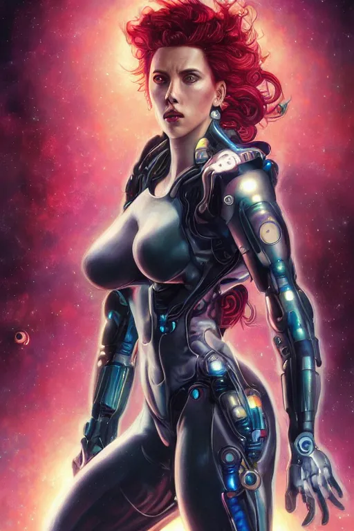 Prompt: celestial cyberpunk scarlett johansson with cybernetic implants emerging from the big bang, by artgerm and yoshitaka amano and moebius and alphonse mucha, hyperdetailed, dc comics, ornate, nebula, explosions in the sky, trending on artstation