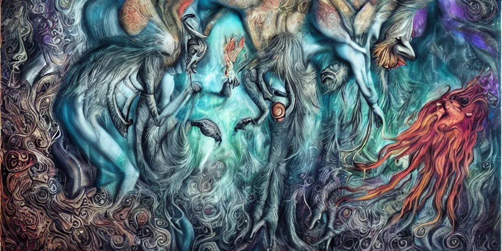 Image similar to mythical creatures and monsters in the imaginal realm of the collective unconscious, surreal mixed media painting by ronny khalil