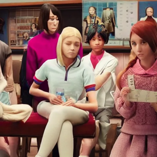 Image similar to a still of from the movie the royal tenenbaums crossover with the game doki doki literature club