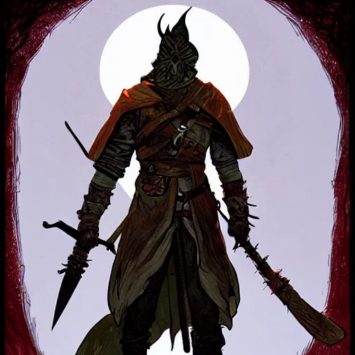 Image similar to an ultra detailed vector image of solaire of astora dressed as the hunter from bloodborne, concept art by alphonse mucha and greg rutkowski, praise the blood moon, octane render, liminal space