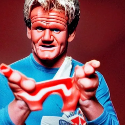 Image similar to gordon ramsey as a 1 9 8 0 s wrestling action figure, magazine photo