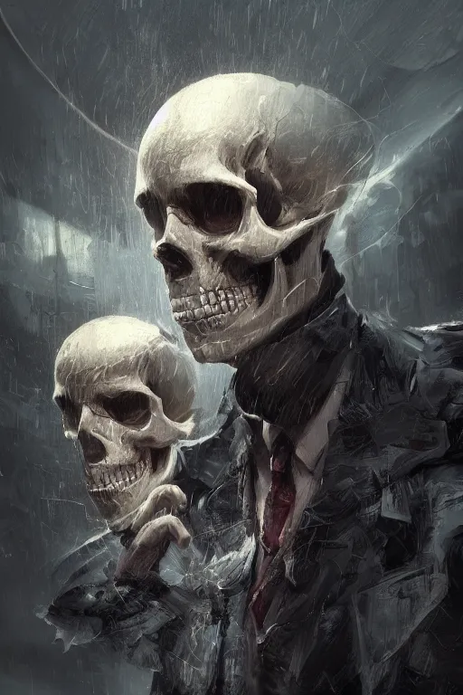 Image similar to concept art skull gentleman, close - up portrait, powerfull, intricate, elegant, volumetric lighting, scenery, digital painting, highly detailed, artstation, sharp focus, illustration, concept art, ruan jia, steve mccurry