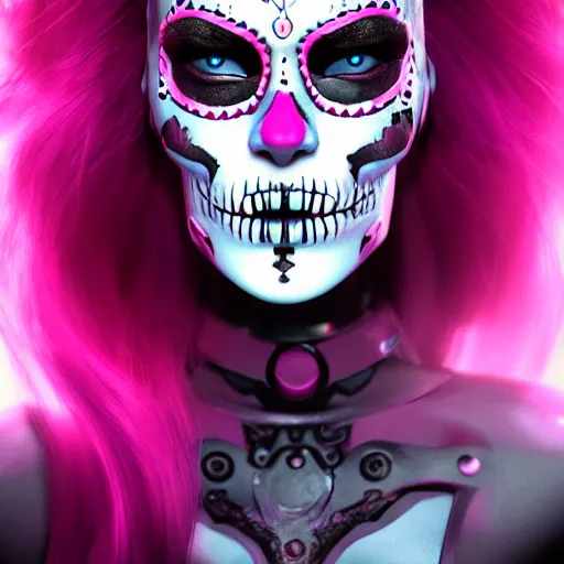 Image similar to beautiful female cyborg wearing sugar skull makeup, brilliant long pink hair, glowing blue eyes, wearing dark scratched body armor, dynamic dramatic dark moody lighting, volumetric lighting, shadows,cinematic atmosphere,Artstation, hyperrealistic 3D digital art,Octane render,8K 4K UHD image