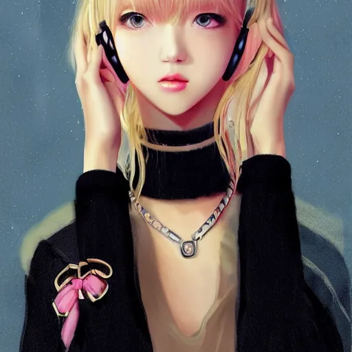 Prompt: realistic beautiful gorgeous natural cute Blackpink Lalisa Manoban blonde hair cute fur blonde cat ears wearing headphones wearing black leather choker in sweaters outfit golden eyes artwork drawn full HD 4K highest quality in artstyle by professional artists WLOP, Taejune Kim, Guweiz, ArtGerm on Artstation Pixiv