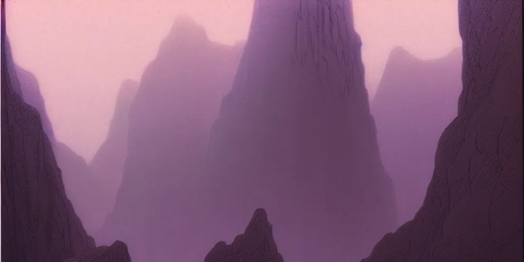 Image similar to grainy risograph matte painting of gigantic huge mech with huge swords, pastel matte colors, staying in the foggy huge canyon, by moebius, hyperrealism, intricate detailed