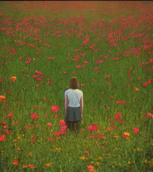 Image similar to mystical death god standing in tall meadow of flowers, distant, film photo, grainy, high detail, high resolution