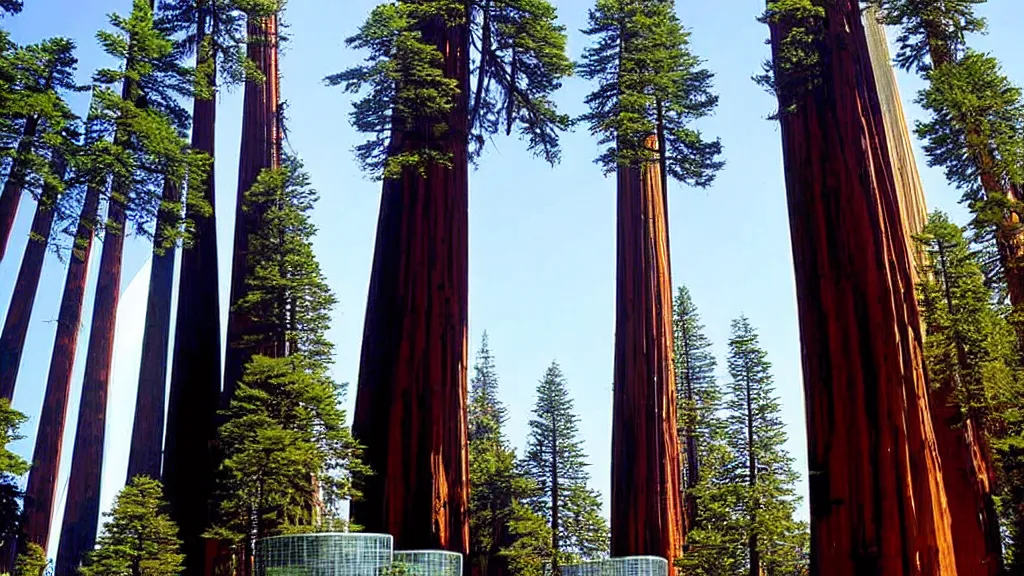 Prompt: Futuristic City in Harmony with Nature(Redwood Trees) by bruce mccall and Klaus Bürgle; Location: San Francisco, California;