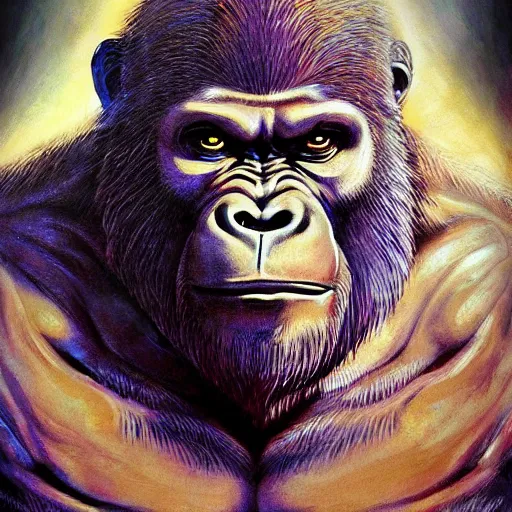 Image similar to 4K headshot portrait of godlike Gorilla of Nazareth with defined arms and open hands and bloody clothes with giant mandala wings , intricate face , flawless anime cel animation by Kentaro Miura, psychedelic , highly detailed upper body , professionally post-processed , beautiful, scary, symmetry accurate features, epic, octane rendered, anime masterpiece, accurate by Craig Mullins, ilya kuvshinov, krenz cushart, epic , artgerm trending on artstation by Edward Hopper and Dan Mumford and WLOP and Rutkovsky, beksinski carl spitzweg moebius and tuomas kocar, intricate artwork by caravaggio, Unreal Engine 5, Lumen, Nanite
