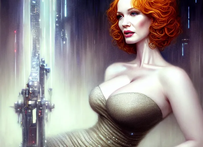 Image similar to portrait shot of christina hendricks in bladerunner wearing a white dress, intricate, elegant, highly detailed, centered, digital painting, artstation, concept art, smooth, sharp focus, illustration, artgerm, tomasz alen kopera, peter mohrbacher, donato giancola, joseph christian leyendecker, wlop, boris vallejo