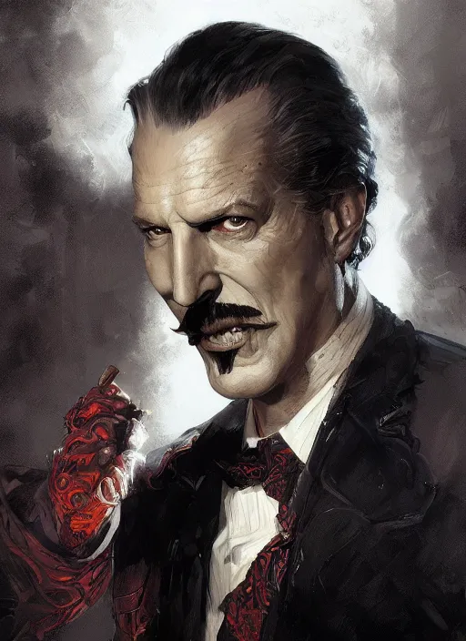 Image similar to Portrait of Vincent Price, marvel comics, dark, intricate, highly detailed, smooth, artstation, digital illustration by Ruan Jia and Mandy Jurgens and Artgerm and Wayne Barlowe and Greg Rutkowski and Frank Frazetta