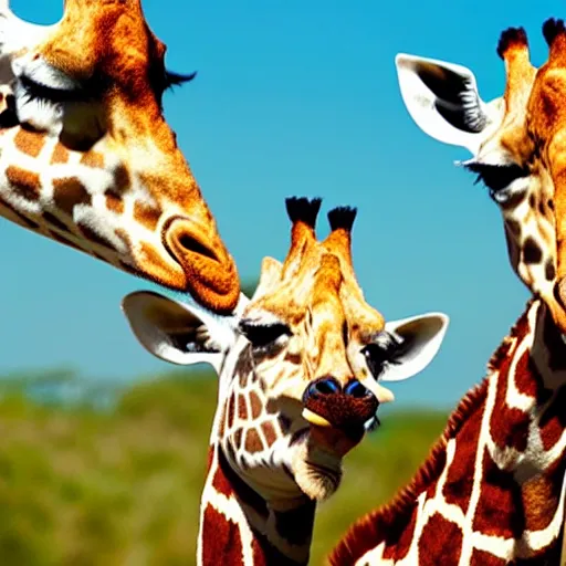 Image similar to three giraffes having a cool birthday party, photo, highly detailed