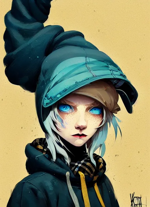 Image similar to highly detailed portrait of a sewer punk lady student, blue eyes, burberry hoody, hat, white hair by atey ghailan, by greg rutkowski, by greg, tocchini, by james gilleard, by joe fenton, by kaethe butcher, gradient yellow, black, brown and cyan color scheme, grunge aesthetic!!! ( ( graffiti tag wall background ) )