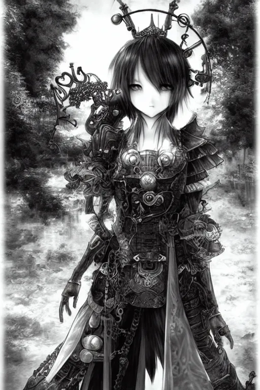 Prompt: a vertical portrait of a character in a scenic environment by Yoshitaka Amano, black and white, dreamy, steampunk armor, black hair, highly detailed