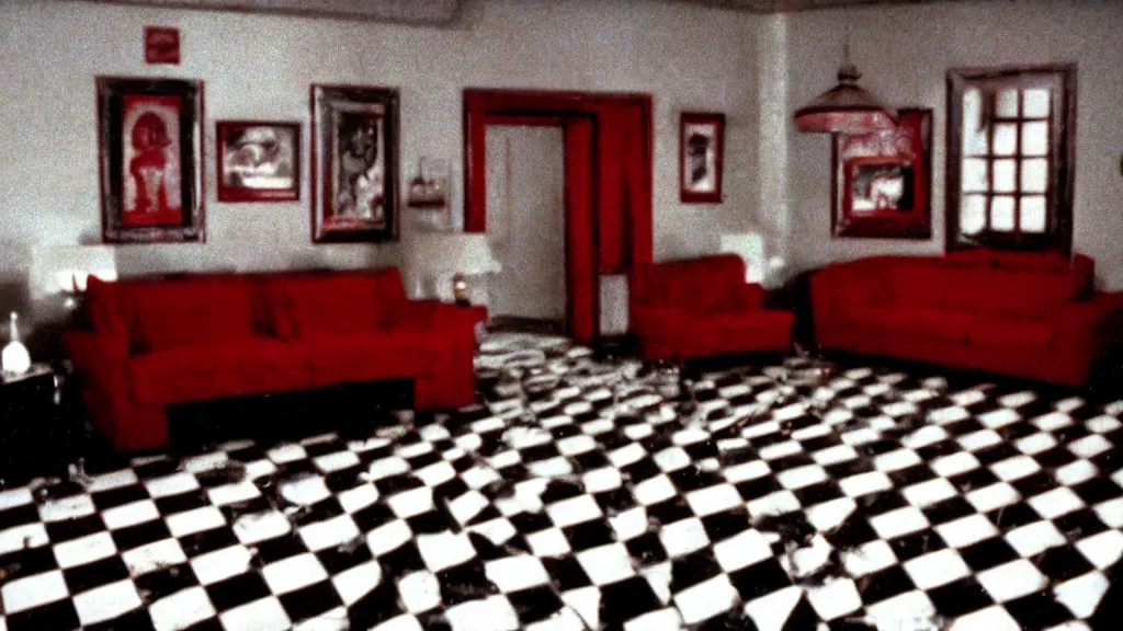 Image similar to cinematography film still of Twin Peaks (1990) the Black Lodge, red curtains, black furniture, white and black chevron floor tile, eerie david lynch cinematography, red room in the black lodge from Twin Peaks, shot on Eastman Kodak 35mm film, red hues, saturated, vintage