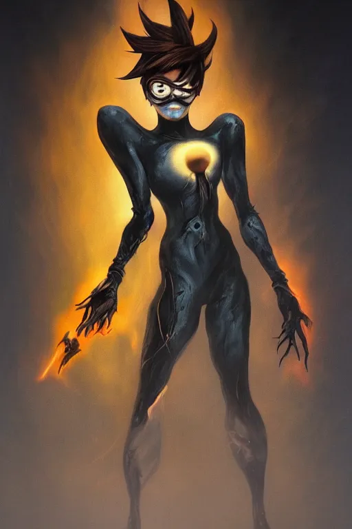 Image similar to dark full body painting of tracer from overwatch, in style of zdzisław beksinski, scary, horror, 4 k, feminine facial features, overwatch tracer character, horror, body horror, disturbing, detailed face, dressed in dark garment, black tendrils, tall, long legs,