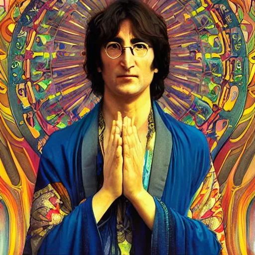 Image similar to young john lennon bodhisattva, praying, prayer hands, 1967 psychedelic portrait art by artgerm and greg rutkowski and alphonse mucha