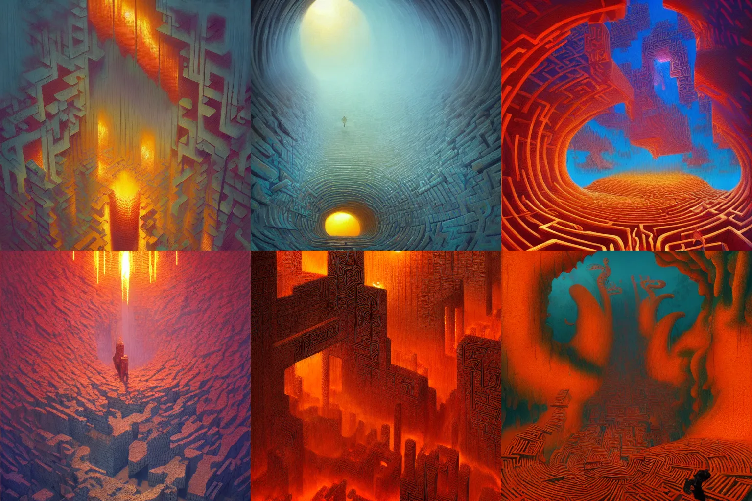 Prompt: a maze of fire by Marc Simonetti, Zdzislaw Beksinski, Paul Lehr and M. C. Escher, digital art, vibrant color, trending on artstation, lighting, HD, 8K, highly detailed, good lighting, beautiful, epic, masterpiece