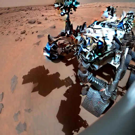 Prompt: a mars rover selfie with a martian photo - bombing behind it